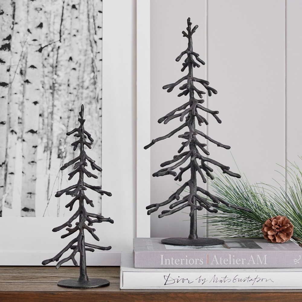 Pottery Barn Sculpted Rustic Christmas Trees Bronze Metal 10”& 14” Set Farmhouse